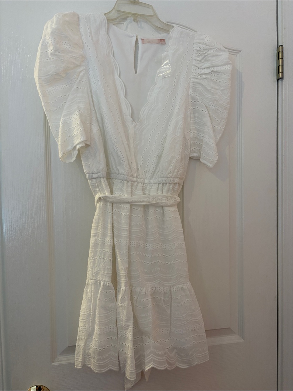 White Eyelet Mini Dress with Puff Sleeves and Waist Tie